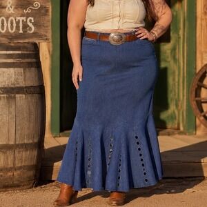 Vtg Couture Inc Denim Mermaid Skirt Sz 18 Blue Laser Cut Eyelet Flared Maxi y2k